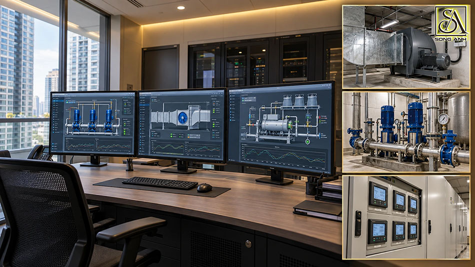 Phòng giám sát BMS theo dõi hệ HVAC, bơm nước, thông gió tầng hầm và điện năng.